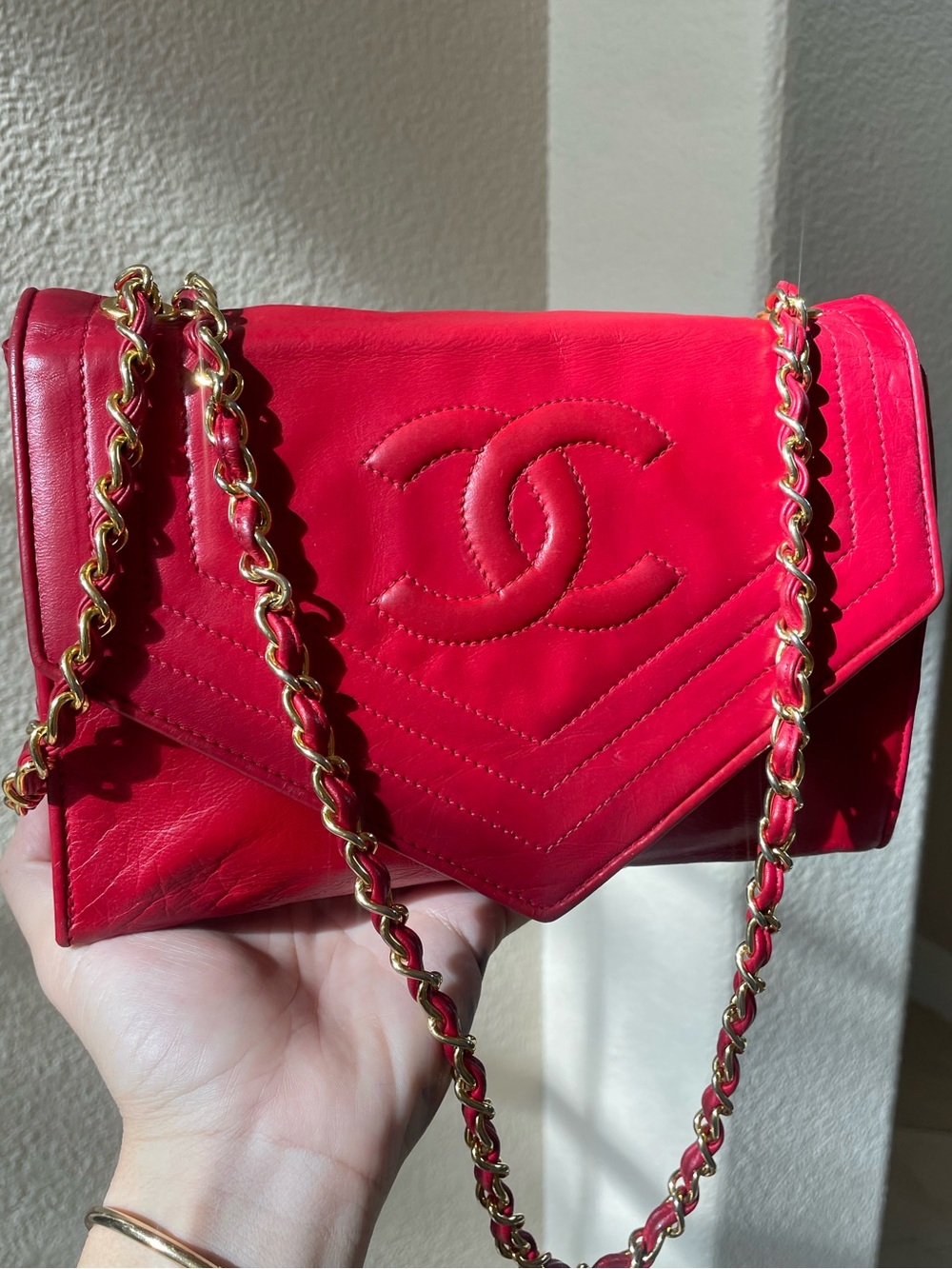 Chanel red crossbody lambskin envelope flap bag vintage